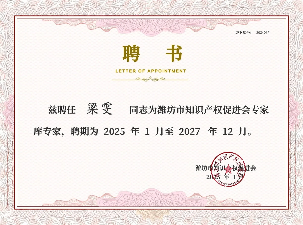 Weifang Intellectual Property Promotion Association expert appointment